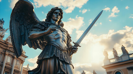 Bronze Angel Statue with Wings Holds Sword, Dramatic Sky Background