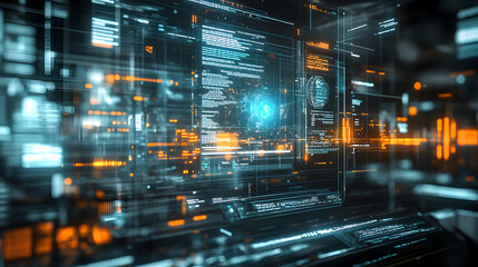 Fototapeta premium Abstract 3D Digital Data Stream Visualization: Futuristic Interface Shows Complex Code and Network Activity with Vivid Orange and Cyan Hues.