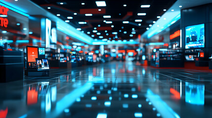 Futuristic Retail Store Interior: 3D Render of a Modern Shopping Mall with Neon Lights and Digital Displays