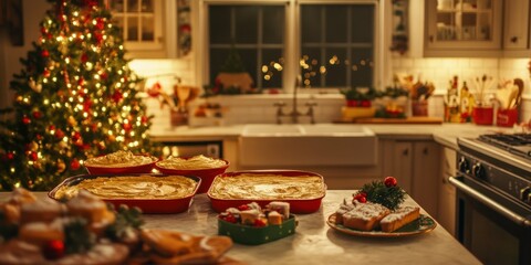 Fototapeta premium Wide shot of a holiday kitchen with several holiday-themed baking pans on the counter, filled with batter and surrounded by festive decorations.