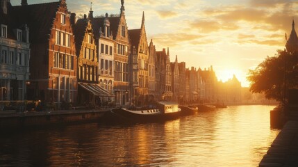 Fototapeta premium Panoramic view of a historic European city at sunset, warm golden tones, riverside buildings, old-world charm, scenic and romantic, peaceful urban landscape
