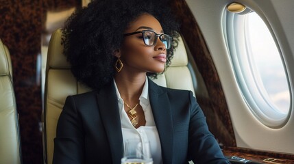 Elegant businesswoman with natural hair gazes out private jet window, embodying success and luxury travel. Her confident pose and stylish attire reflect professional achievement