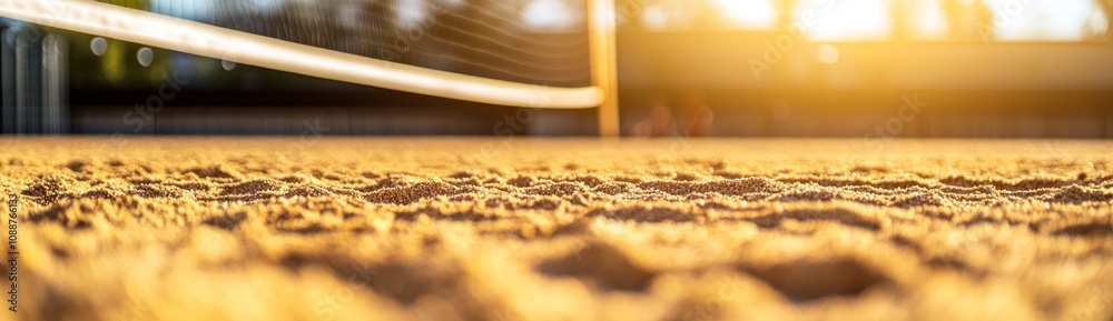 Poster a close-up view of sandy ground with a tennis net and warm sunlight in the background.