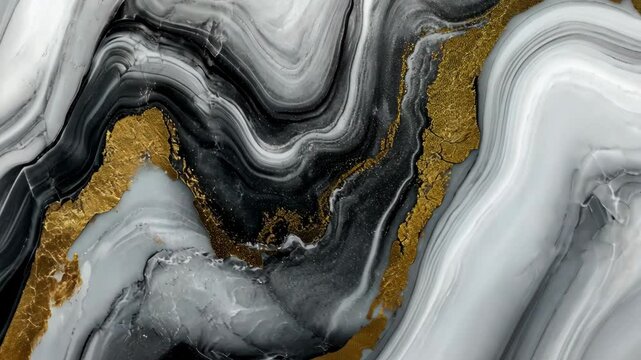 Swirling patterns of black, white, and gold create a dynamic visual texture