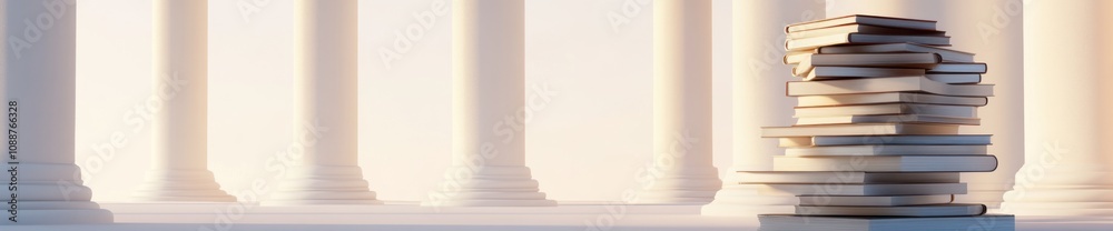 Aufkleber A stack of books in a serene setting with classical columns in the background.