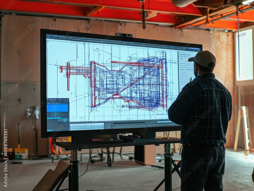 Poster architect reviewing technical blueprints on a large screen in a construction site with red ceiling a