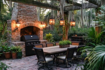 Fototapeta premium Outdoor dining area with a grill and seating, surrounded by lush greenery.
