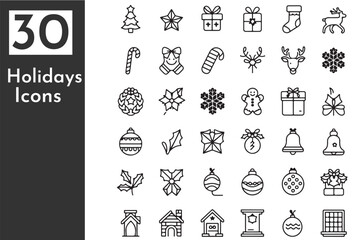 30 Christmas Festival Outline Icons Set - Perfect for Holiday Designs & Celebrations