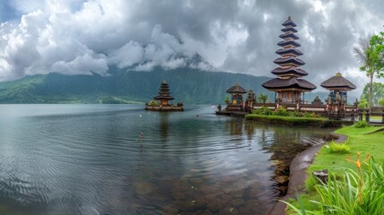 Obraz premium Ulun Danu Bratan Temple on a Cloudy Day in Bali