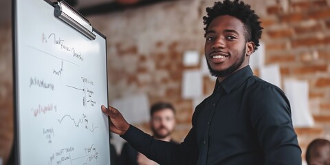 A man is standing in front of a white board with a smile on his face. He is holding a marker and pointing to the board. The board has a lot of writing on it