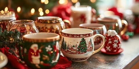 Fototapeta premium Close-up of Christmas-themed drinkware, including mugs and glasses, adorned with festive designs, arranged on a holiday table.