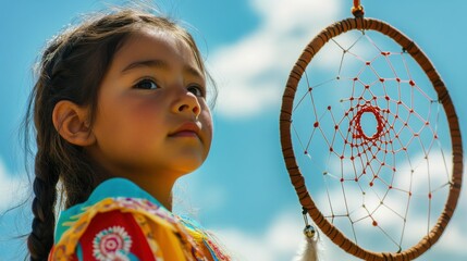 Child with a dreamcatcher against a bright sky