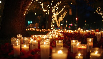 Many candles lit at night with red rose petals scattered around.