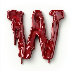 letter W rendered rich red brown color resembles thick blood creating bold visual contrast plain white background inviting interest and curiosity.