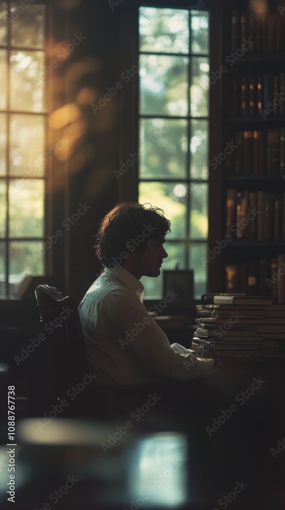 Poster a contemplative figure sits in a library, surrounded by books and illuminated by sunlight.