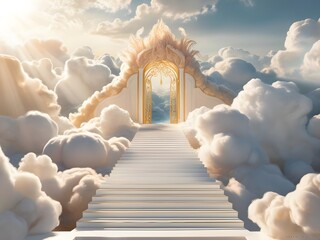staircase and gate in heaven in the clouds, symbol of paradise 