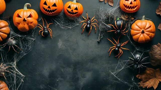 A flat lay composition features several miniature carved pumpkins with Halloween faces