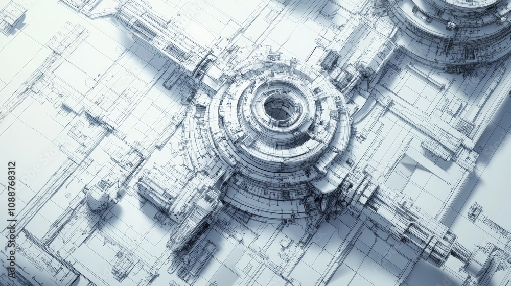 Poster intricate blueprint of a futuristic mechanical structure featuring complex interconnected components