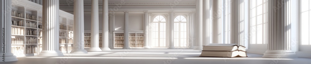 Poster a bright, spacious library with tall columns, large windows, and stacks of books.