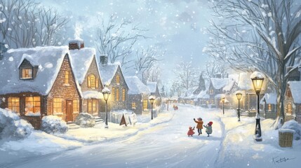 A snowy village scene with children playing, cozy homes, and glowing street lamps.