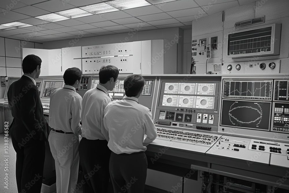 Poster group of professionals analyzing data on large control panel in a modern technical facility, focused