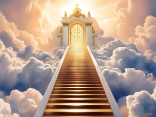 staircase and gate in heaven in the clouds, symbol of paradise 