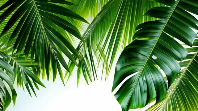Vibrant green palm leaves overlap, creating a dense, textured background
