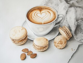 A cup of coffee with latte art in the shape of a heart, surrounded by macarons and almonds on a white paper background, in the style of a colored pencil drawing.
