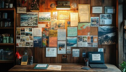 A vintage wood-paneled wall covered in old maps, postcards, and photographs. A rustic desk sits in front, with a laptop, pens, and open notebooks.