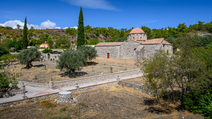 Greek orthodox monastery with olive tree garden