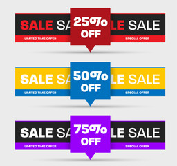 Vector illustration of geometric banner with bright elements, in the center 25,50, 75% discount, limited special offer flyer, EPS10.