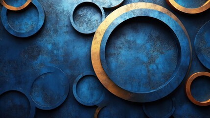 Abstract design featuring circular shapes on a textured blue background.