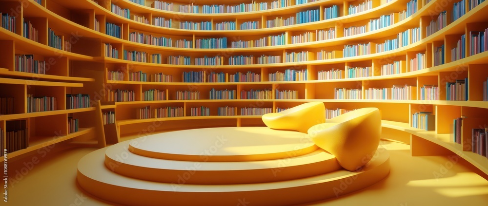 Poster a modern library with circular seating and vibrant yellow shelves filled with books.