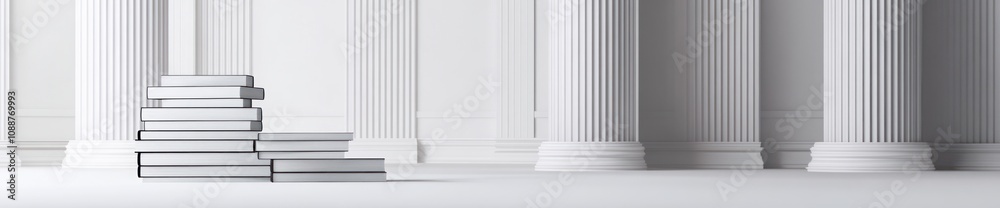 Poster a minimalist scene featuring stacked books in a columned environment, suggesting knowledge.