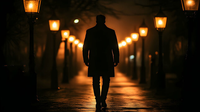 Silhouette of a Man Walking Alone on a Dark Night, Illuminated by Streetlights