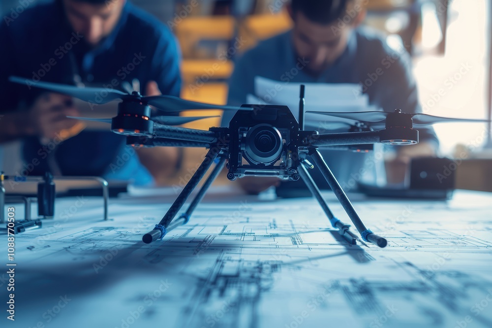 Poster close-up view of a drone on blueprints with engineers working in background, showcasing innovation a