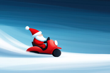 Playful illustration of Santa Claus riding a red scooter through snowy landscapes, set against a gradient blue winter background.