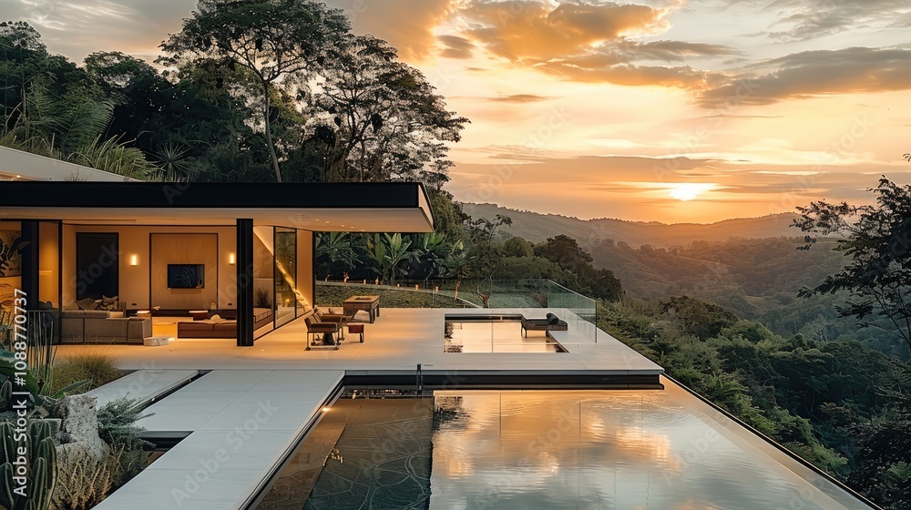Poster modern house with a great view during the summer in a valley.