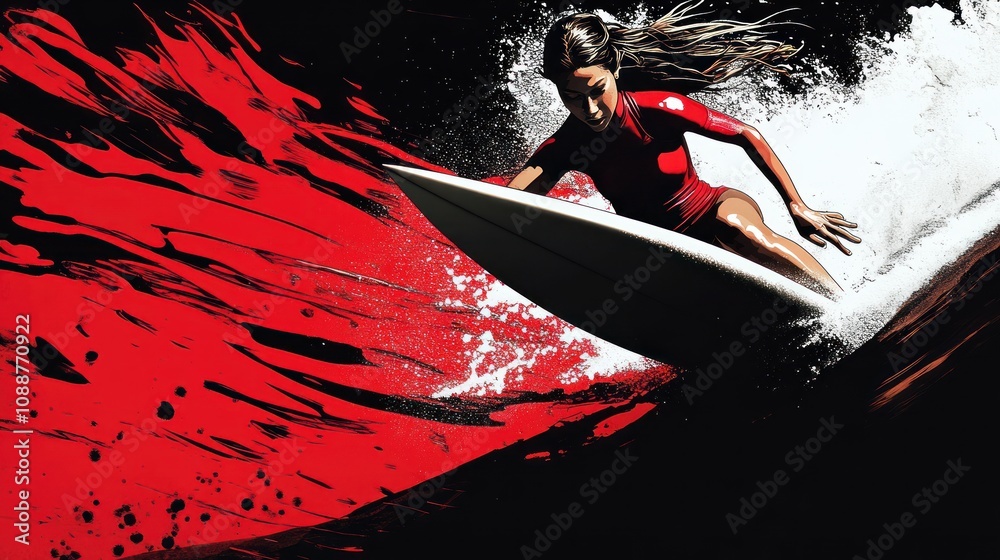 Poster A dynamic surfer riding a wave with vibrant splashes of red and black.