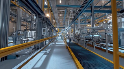 Fototapeta premium Industrial Complex Interior Overview Featuring Modern Machinery and Equipment for Manufacturing Processes, Highlighting Advanced Technology and Efficient Workflow Design