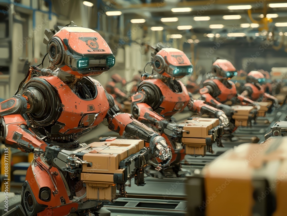 Poster advanced robotic systems assembling packages in a high-tech factory setting, showcasing innovation i