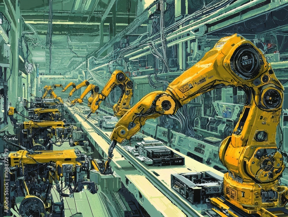 Poster futuristic robotics in manufacturing: yellow robotic arms assemble electronics components in a high-