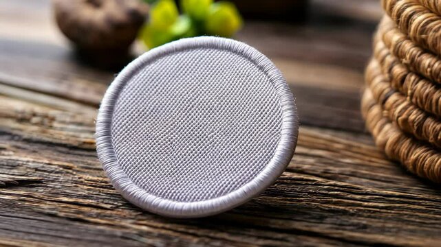 A single, round, light gray woven fabric patch with a white stitched edge sits on a dark brown wooden background
