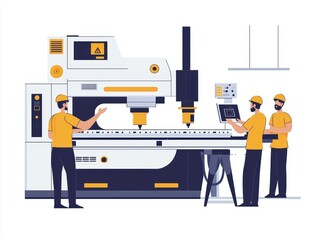 Skilled Workers Operating Advanced Machinery in a Modern Manufacturing Setting with Safety Gear and Technology Integration in a Professional Environment