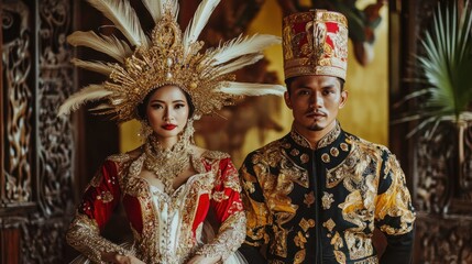 Traditional regional bride and groom in full traditional attire, standing together in a sacred and elegant wedding atmosphere background wallpaper AI generated image