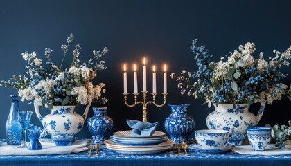 Blue and white floral table setting with candles and blue and white vases.