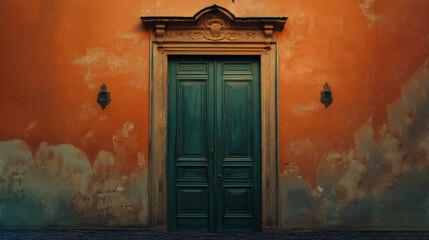 Fototapeta premium A centered shot of an antique door painted in deep green