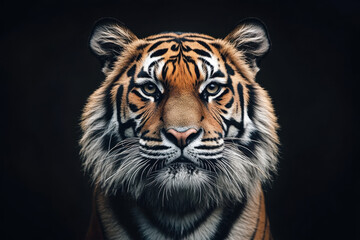 Fototapeta premium Majestic tiger with striking stripes and intense gaze against a dark backdrop, showcasing wild beauty and power.