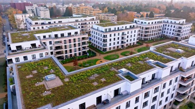 Drone video of modern residential buildings with green roofs and a lush courtyard in Berlin Reinickendorf. Drone move through the courtyard.