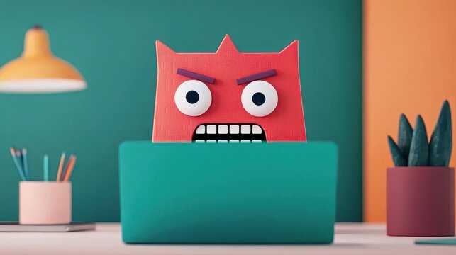 Cyberbullying Protection Concept, Concept of an Animated Internet Troll Being Blocked on a Computer, Featuring a Frustrated Red Character with Bold Expression, Modern Workspace Design